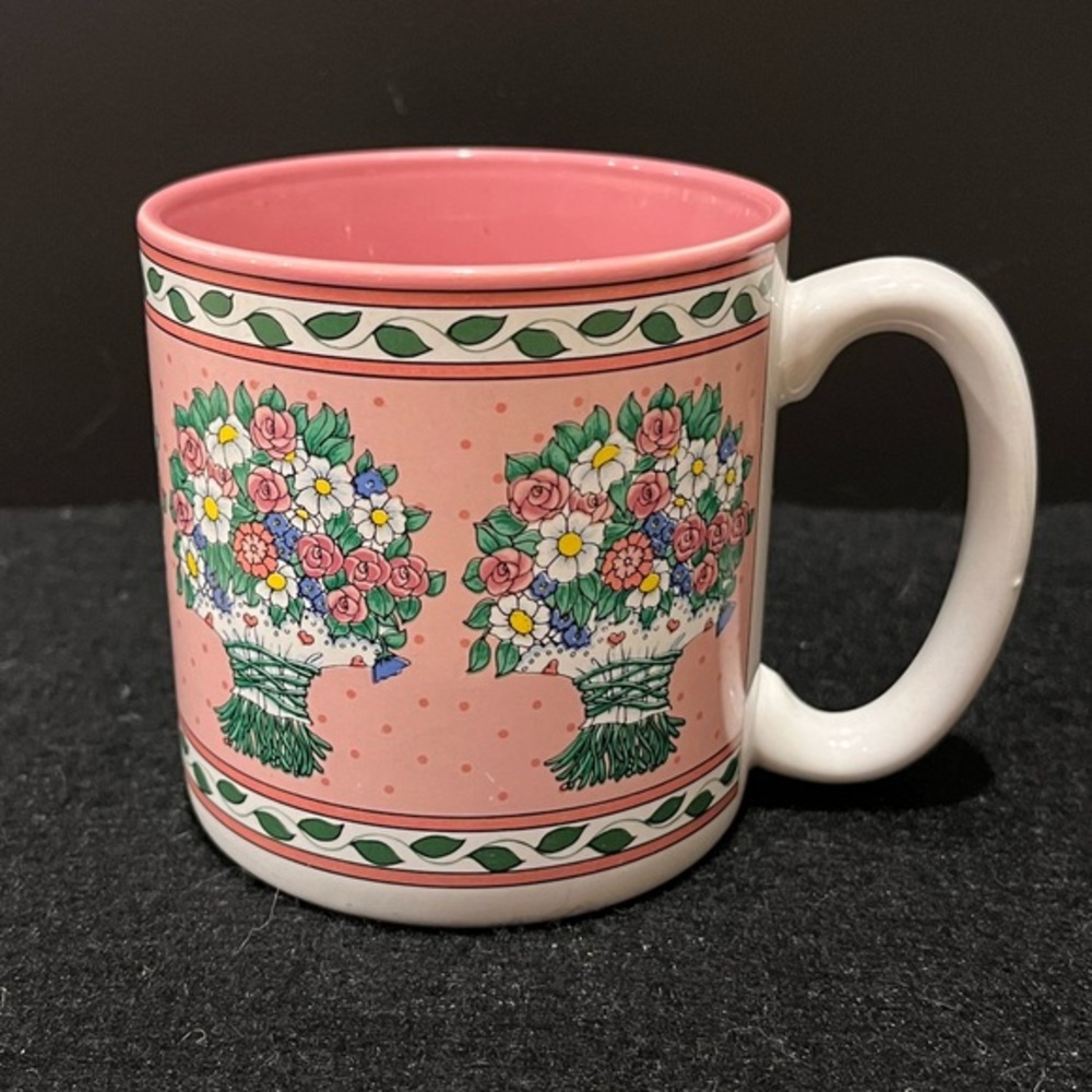 Vintage Flowers Inc. Balloons “Peaches” Floral Bouquet Pink and White Mug